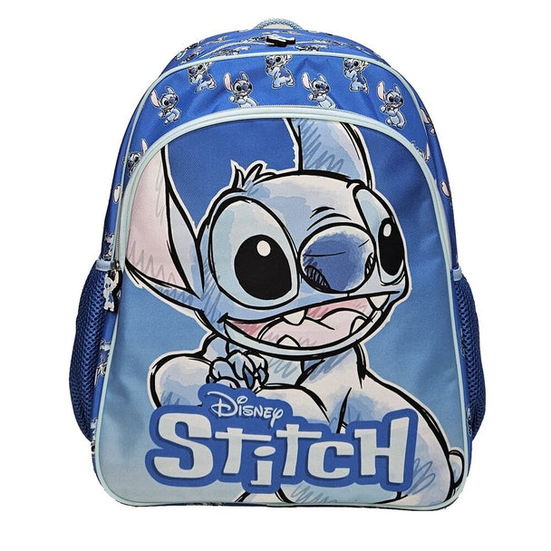Vue de profil du sac à dos Disney Stitch 40 cm avec bretelles rembourrées et détails du personnage Stitch.