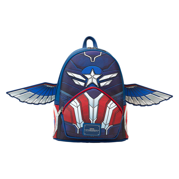 Vue avant du sac à dos Loungefly Marvel Captain America Brave New World en cuir vegan 26cm