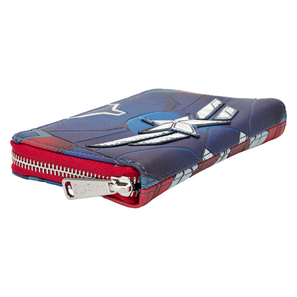 Fermeture éclair brillante argentée du portefeuille Marvel Loungefly en gros plan