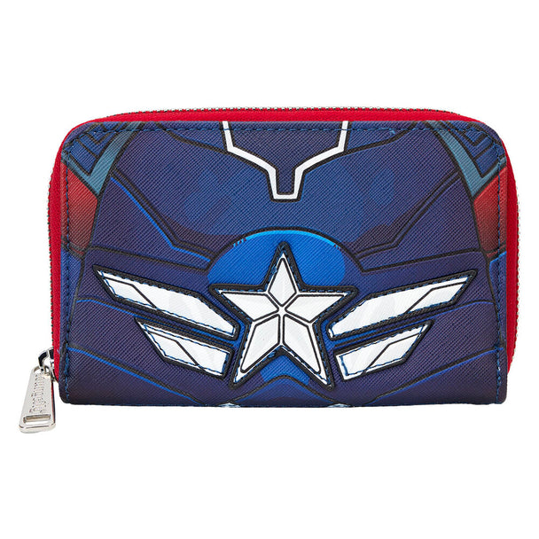 Portefeuille Loungefly Captain America Brave New World vue de face avec fermeture éclair argentée