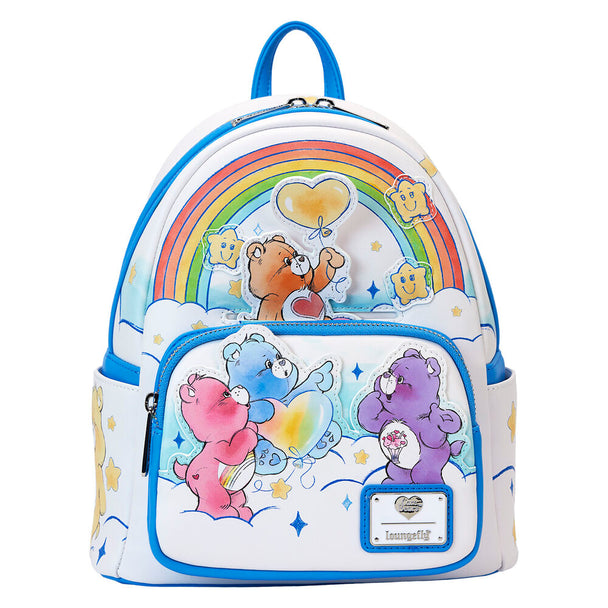 Vue avant du sac à dos Loungefly Care Bears Rainbow en simili cuir vegan avec poche zippée