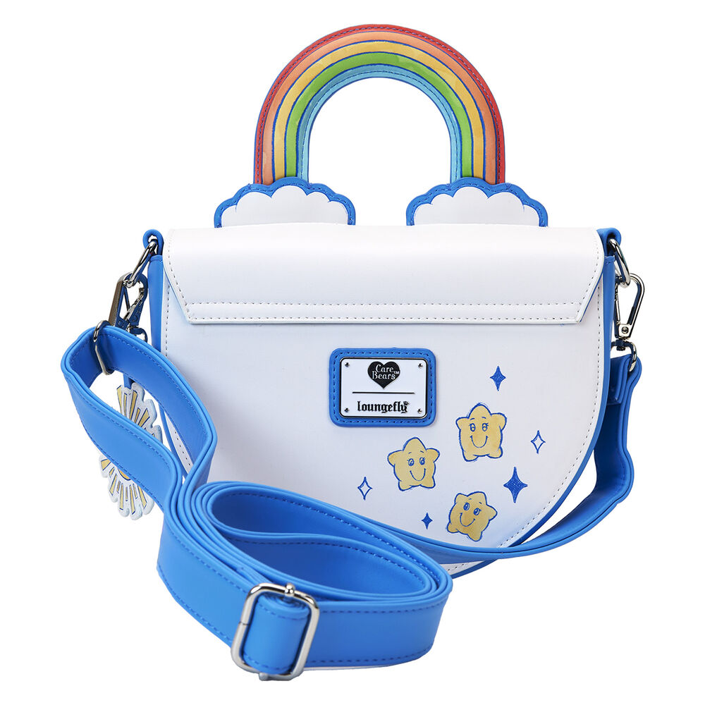 Détail des illustrations colorées des personnages Care Bears sur le sac LOUNGEFLY Rainbow