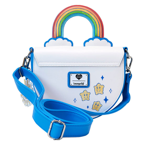 Détail des illustrations colorées des personnages Care Bears sur le sac LOUNGEFLY Rainbow