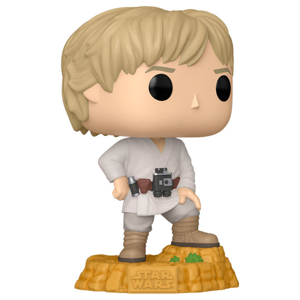 Figurine Funko POP Luke Skywalker Star Wars de 9cm en vinyle dans sa boîte cadeau collector, vue de face.