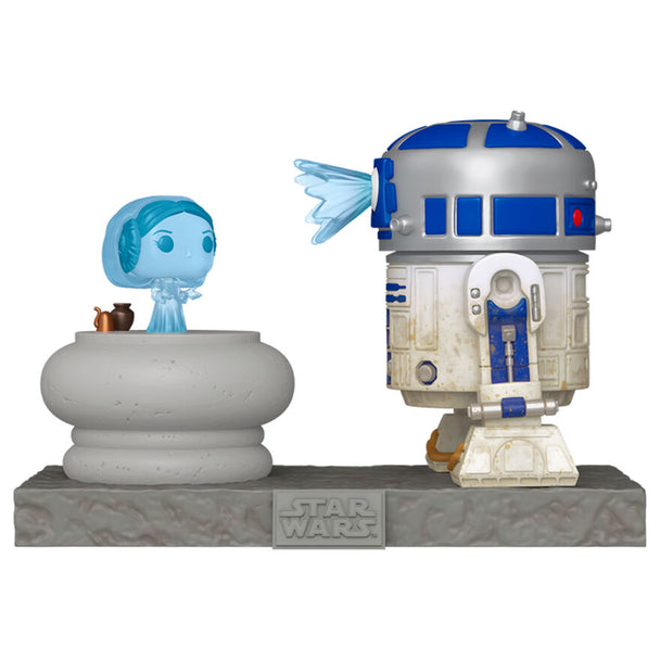 Figurine POP Deluxe FUNKO de Star Wars représentant R2-D2 avec hologramme de la Princesse Leia, hauteur 10 cm