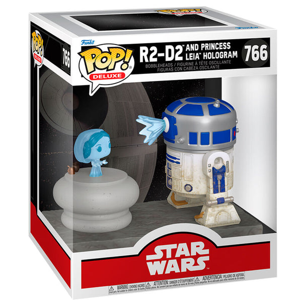 Vue rapprochée de la figurine POP Deluxe Star Wars R2-D2 et Princesse Leia hologramme montrant les détails précis et les couleurs vives