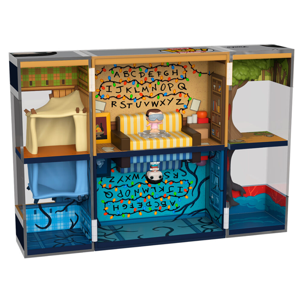 Figurine FUNKO Bitty POP Boxes représentant la maison des Byers dans Stranger Things vue de face avec détails colorés.