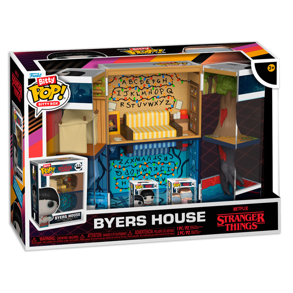 Vue latérale de la figurine Bitty POP Boxes Maison Byers Stranger Things montrant les dimensions compactes et le design soigné.
