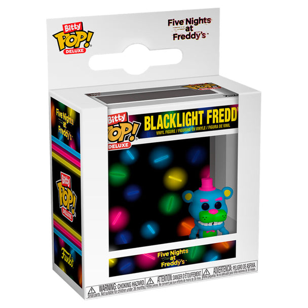 Boîtier d'exposition en acrylique transparent contenant la figurine Blacklight Freddy de FUNKO, dimensions précises visibles