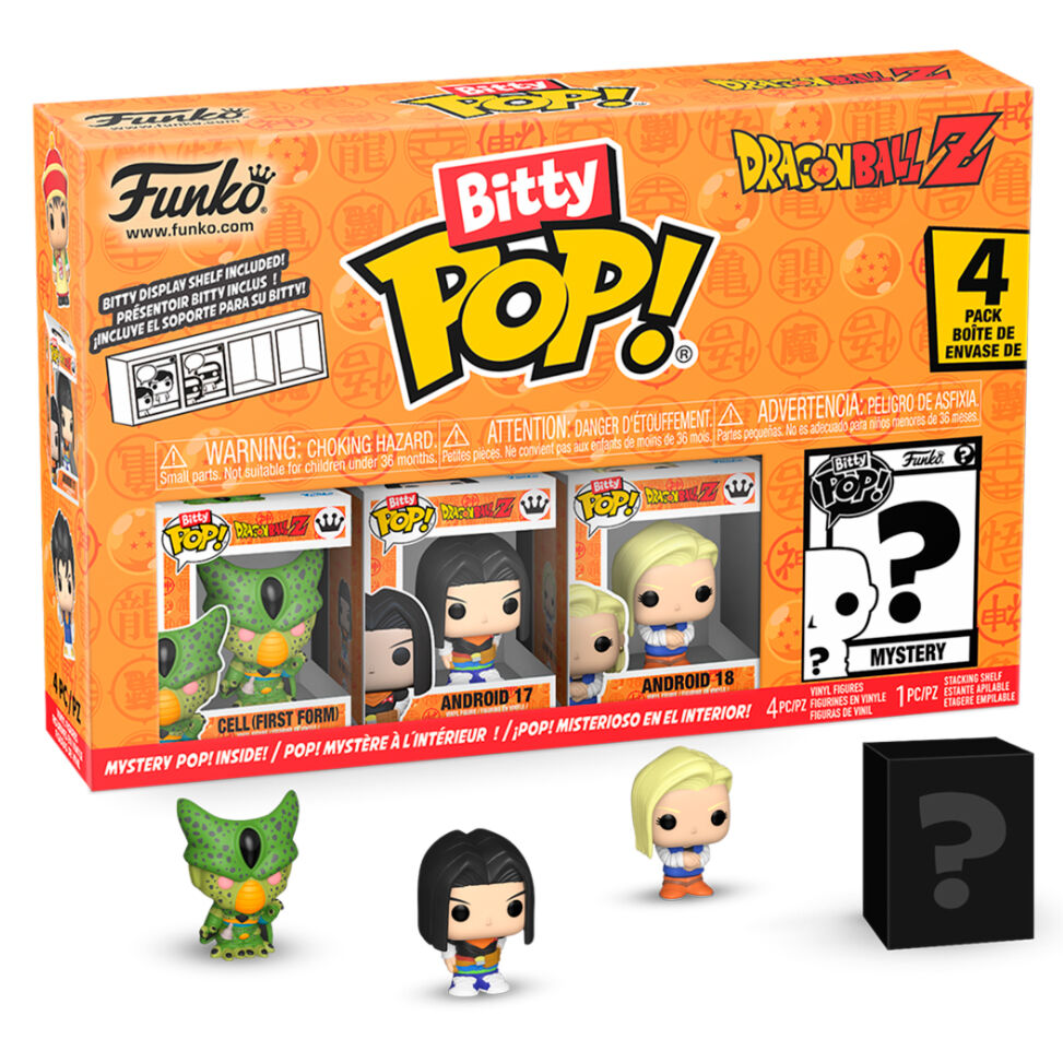 Zoom sur les figurines Bitty POP Dragon Ball Z Frieza dans leurs coffrets avec socles détachables, présentation détaillée.