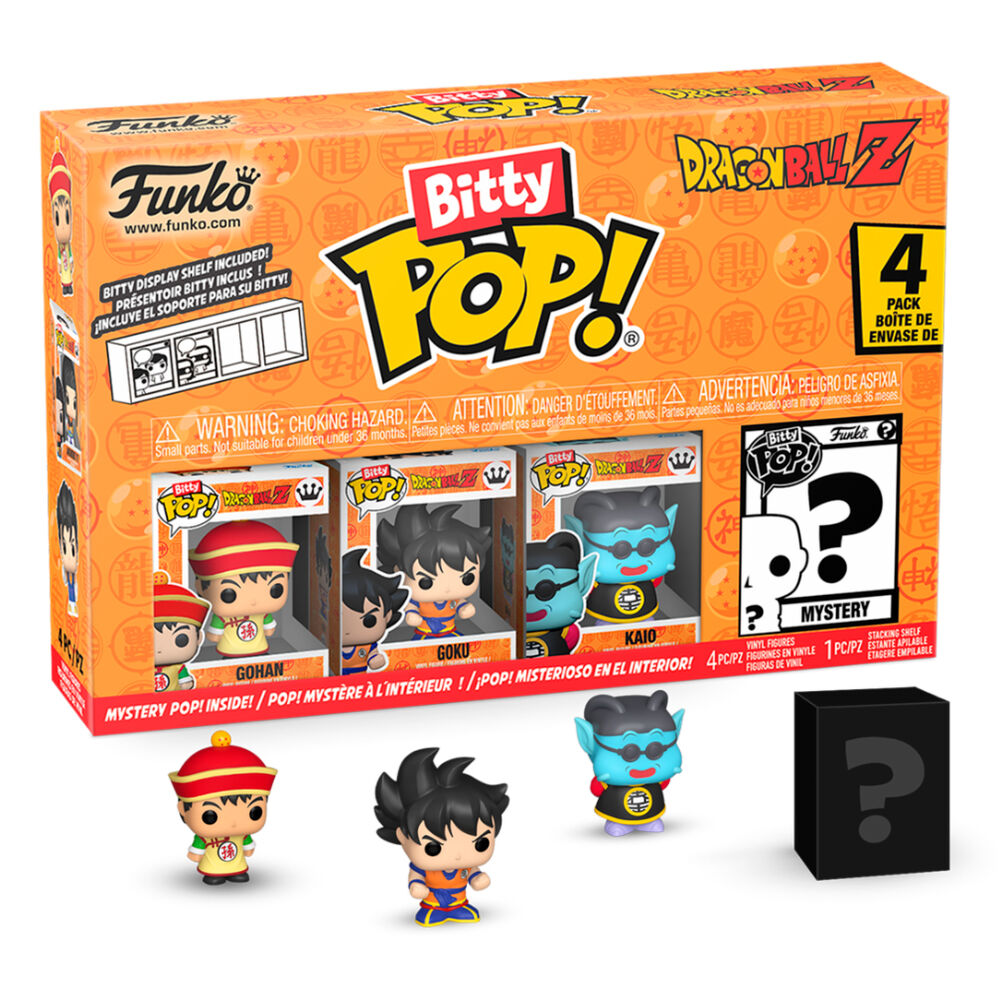 Blister contenant 4 figurines Bitty POP Dragon Ball Z Cell, emballées dans des boîtiers acryliques rigides avec couvercles détachables.