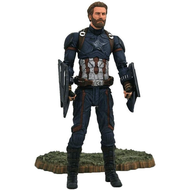 Détail des points d'articulation de la figurine Captain America, montrant la flexibilité des membres