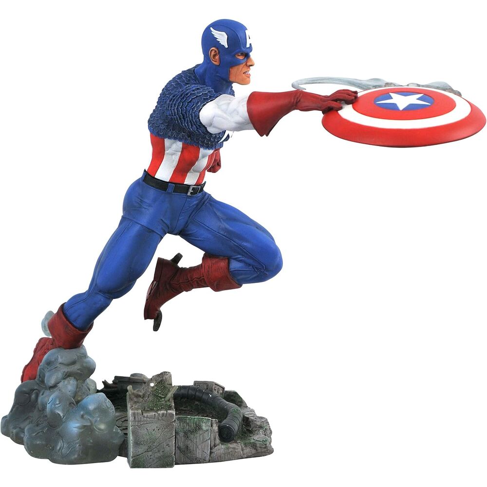 Vue latérale de la statue Captain America Marvel Comic Gallery mettant en avant la posture héroïque