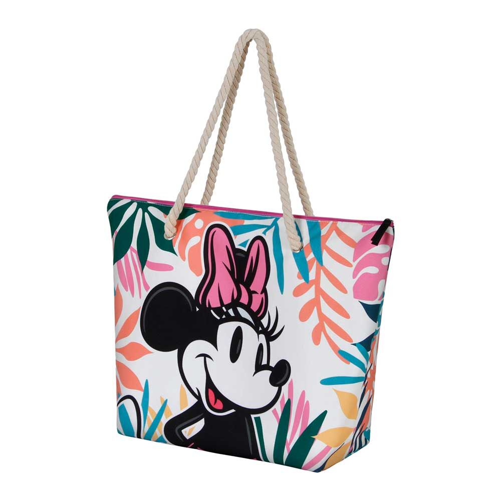 Vue de face du sac de plage Minnie Island avec illustration colorée de Minnie Mouse sur fond estival