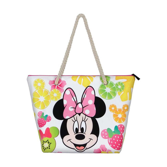 Sac de plage Disney Minnie Fruits KARACTERMANIA vue avant avec motif Minnie et fruits colorés