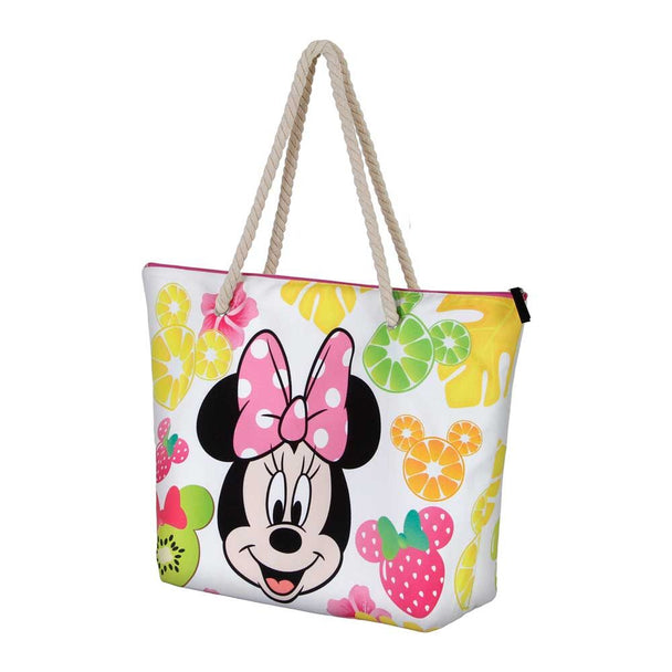 Détail du compartiment zippé et des deux anses supérieures du sac de plage Disney Minnie Fruits