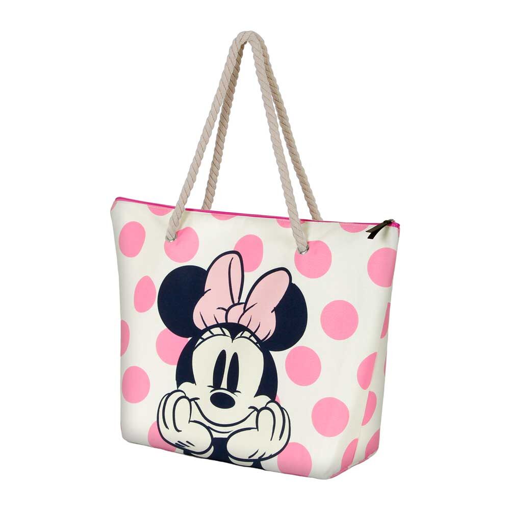 Détail du compartiment zippé du sac de plage Disney Minnie Dots aux dimensions 37x52x17 cm