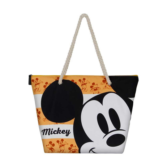Sac de plage orange KARACTERMANIA avec motif Mickey Disney, dimensions 37x52x17cm, vue de face avec fermeture zippée et anses.