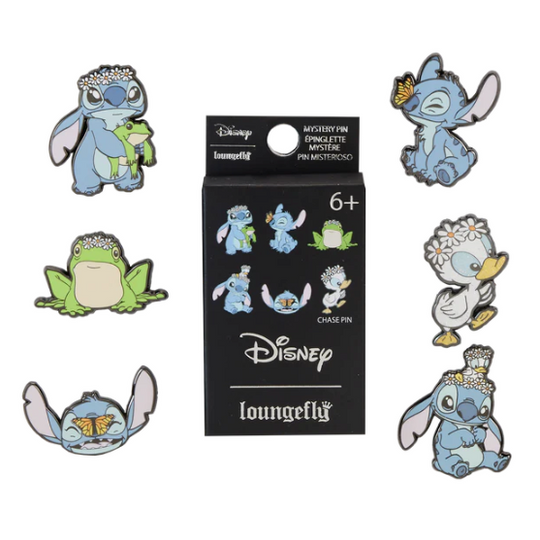 Pin's émaillé Loungefly Disney Stitch en boîte mystère, taille 3,8 cm, avec design coloré et finition brillante.