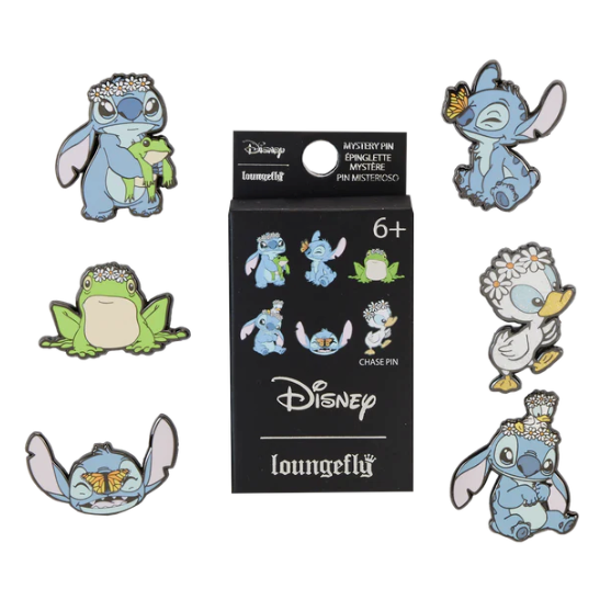 Pin's émaillé Loungefly Disney Stitch en boîte mystère, taille 3,8 cm, avec design coloré et finition brillante.