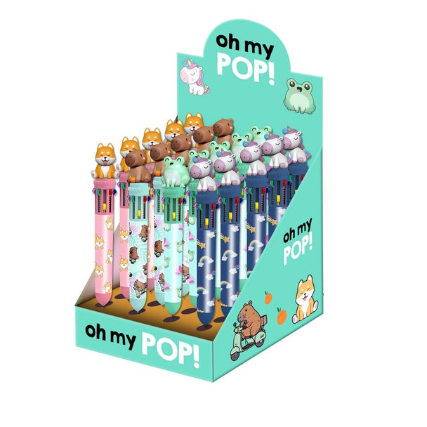 Set de 10 stylos colorés assortis Oh My Pop! de la marque KARACTERMANIA, présentés en éventail sur fond blanc.