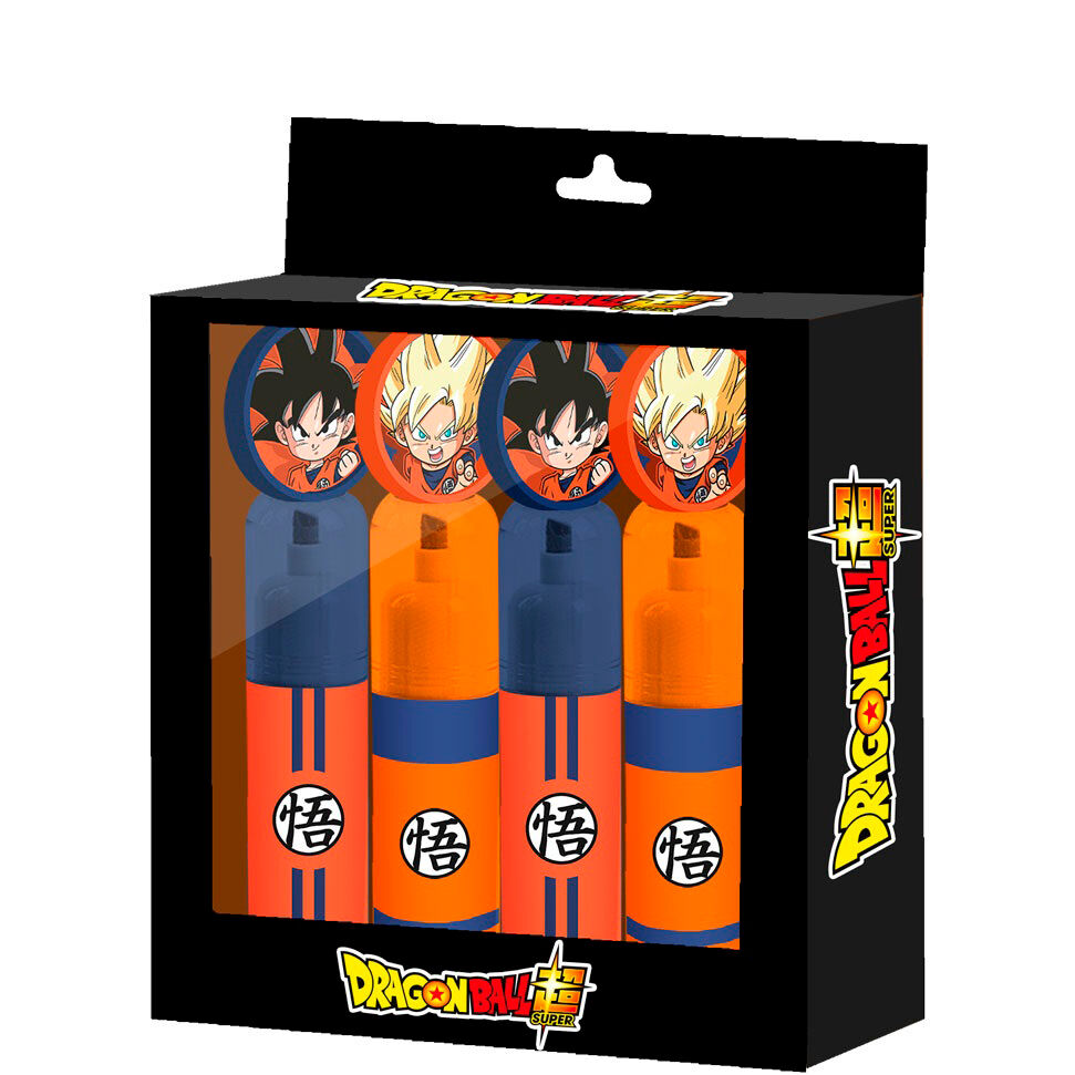 Pack de 4 surligneurs Dragon Ball Super avec designs colorés et logo KARACTERMANIA, présenté sur fond blanc.