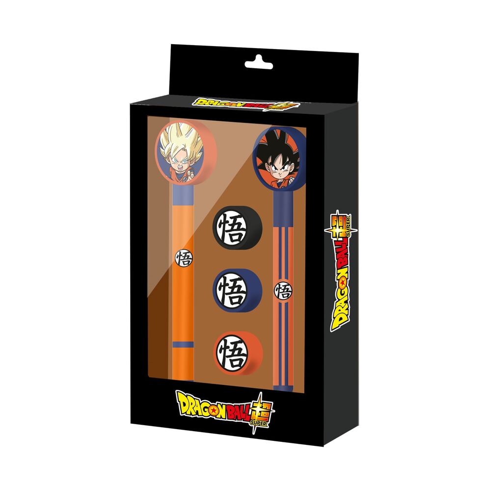 Pack papeterie Dragon Ball Super KARACTERMANIA comprenant stylo effaçable, crayon éternel et trois gommes avec design animé.