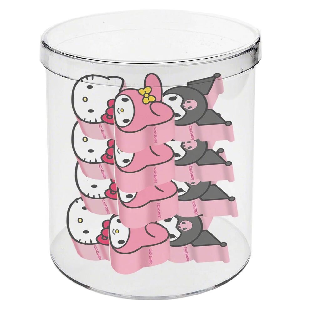 Lot de 12 gommes cube Hello Kitty colorées et emballées par KARACTERMANIA, parfaites pour effacer avec style.