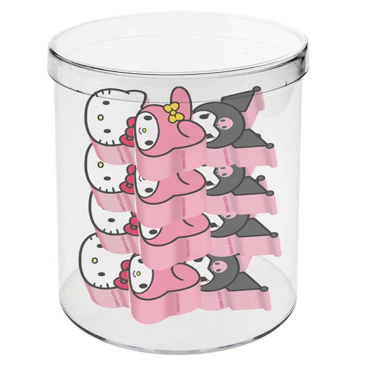 Lot de 12 gommes cube Hello Kitty colorées et emballées par KARACTERMANIA, parfaites pour effacer avec style.