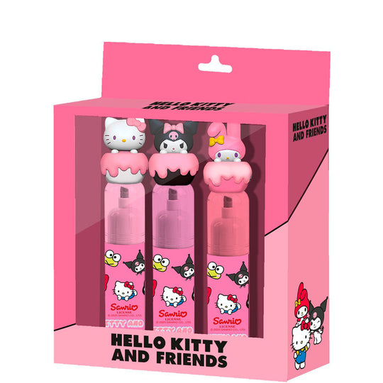 Pack de 3 surligneurs Hello Kitty KARACTERMANIA avec couleurs vives et design original sur fond blanc.