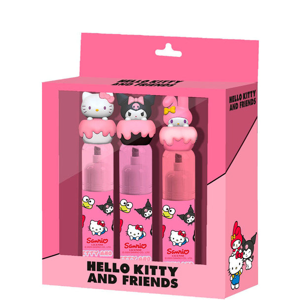 Pack de 3 surligneurs Hello Kitty KARACTERMANIA avec couleurs vives et design original sur fond blanc.