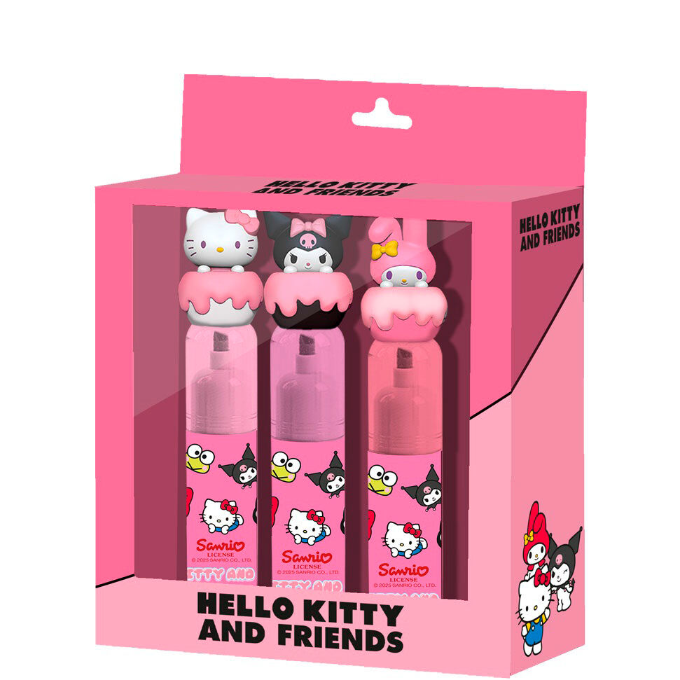 Pack de 3 surligneurs Hello Kitty KARACTERMANIA avec couleurs vives et design original sur fond blanc.