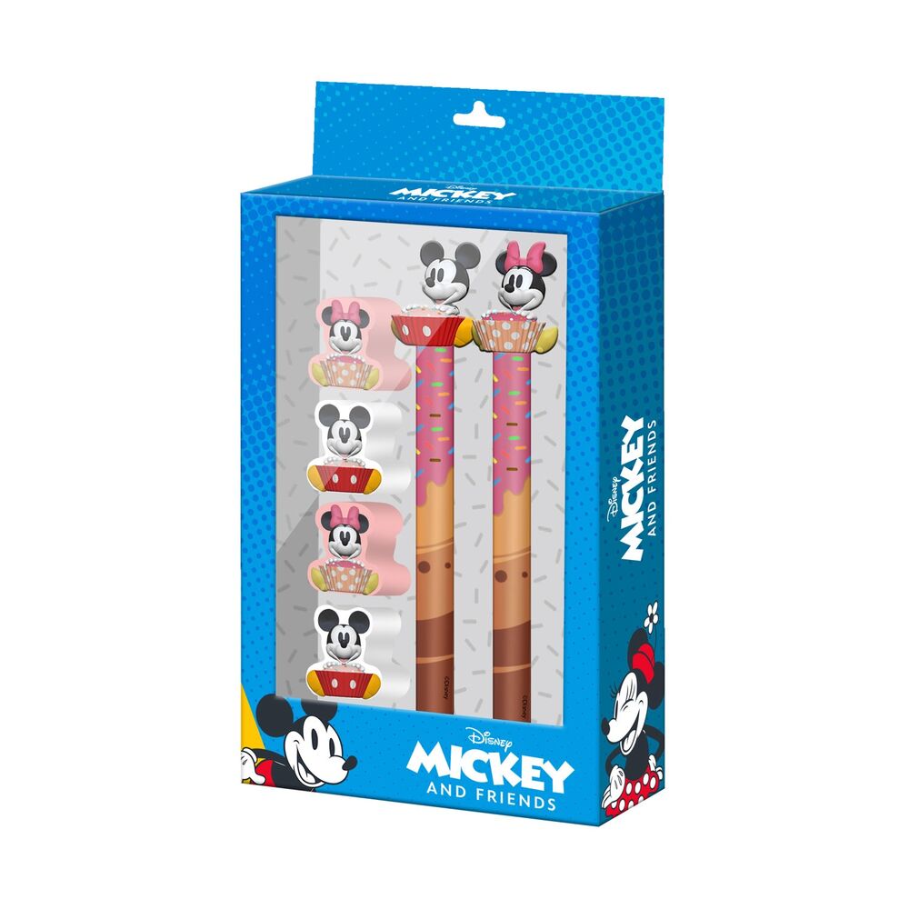 Pack papeterie Disney avec stylo effaçable, crayon et 4 gommes aux motifs Mickey & Minnie, présenté sur fond blanc.