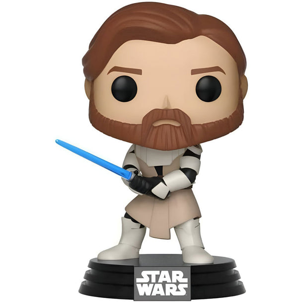 Vue rapprochée de la figurine Funko POP Obi Wan Kenobi montrant les détails du visage et la tenue de la série Star Wars Clone Wars