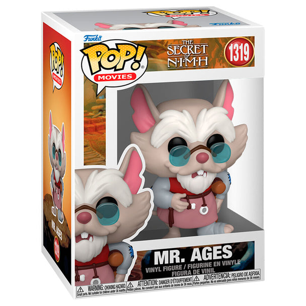 Vue rapprochée de la figurine Funko POP Mr. Ages montrant les détails de peinture et la boîte collector
