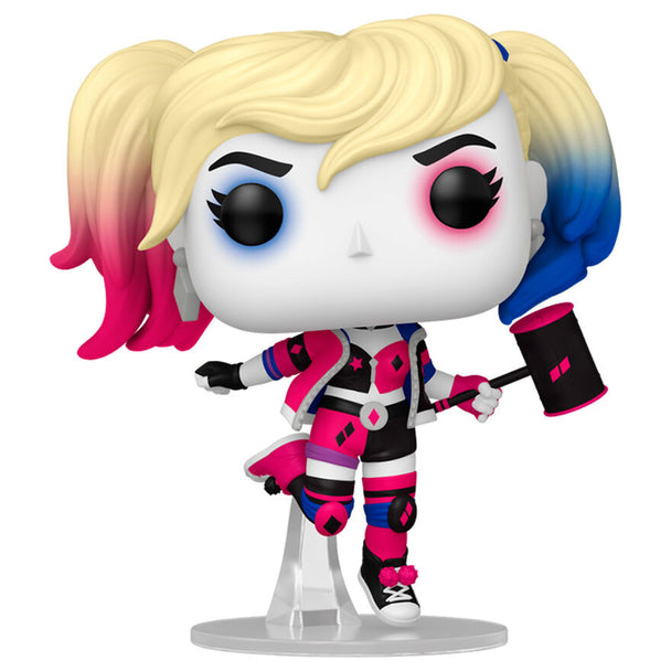 Détail de la figurine Funko POP Harley Quinn DC Comics montrant les couleurs vives et le design unique.