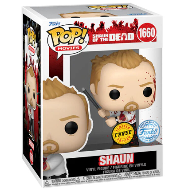 Vue rapprochée de la figurine Shaun of the Dead Exclusive Chase Funko POP avec détails précis et couleurs vives