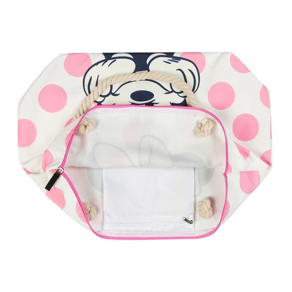 Vue latérale du sac de plage Disney Minnie Dots montrant son design et ses poignées confortables