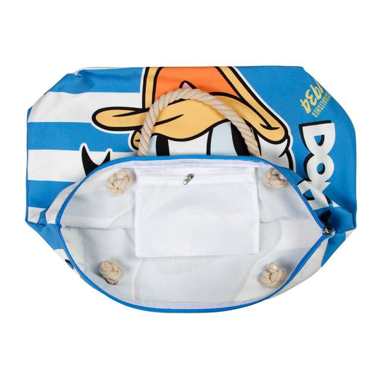 Vue latérale du sac de plage Disney Donald Duck mettant en valeur sa grande capacité et son tissu résistant.