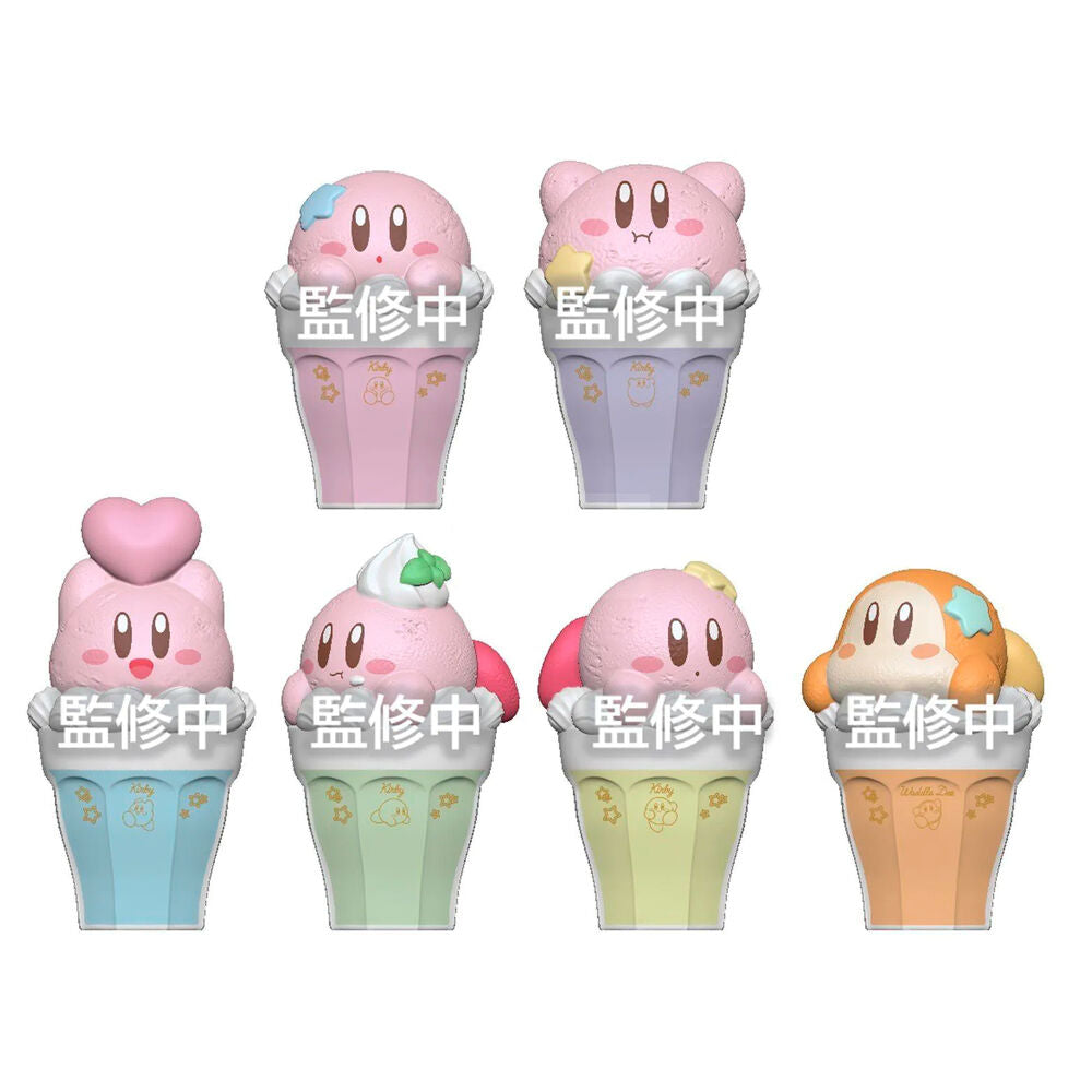 Différentes figurines Kirby CharaLatte Float Case assorties, montrant la variété des poses et des expressions de Kirby disponibles dans cette collection de BANDAI.