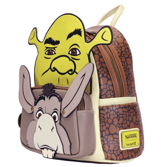Vue avant du sac à dos Loungefly Shrek & Donkey avec les personnages colorés en relief