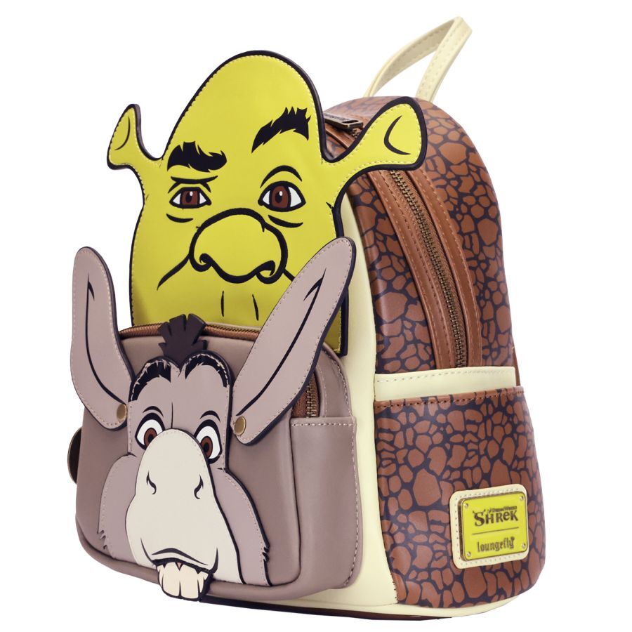Vue avant du sac à dos Loungefly Shrek & Donkey avec les personnages colorés en relief