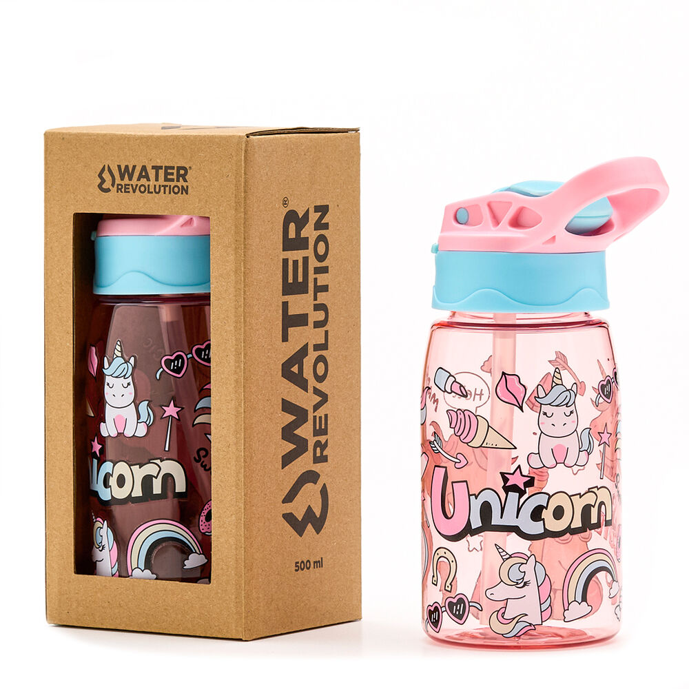 Bouteille d'eau Tritan 500ml Water Revolution avec design licorne coloré vue de face
