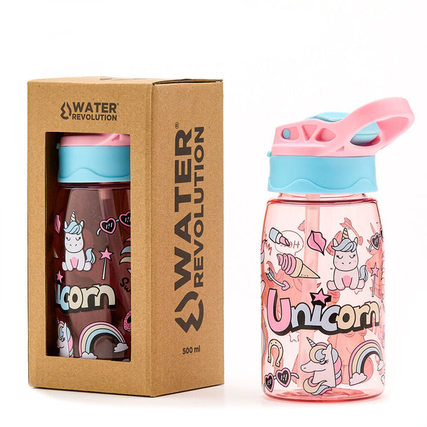 Bouteille d'eau Tritan 500ml Water Revolution avec design licorne coloré vue de face