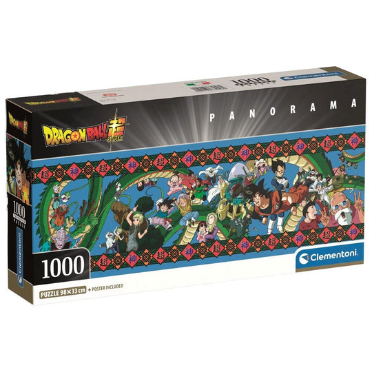 Puzzle Dragon Ball CLEMENTONI 1000 pièces assemblé montrant un panorama coloré des personnages emblématiques de la série.