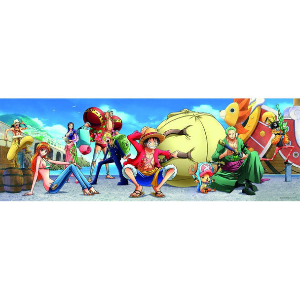 Puzzle One Piece panorama 1000 pièces assemblé montrant les personnages principaux sur un fond coloré et détaillé.