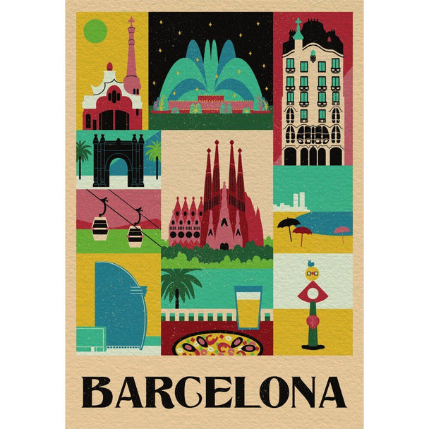 Vue détaillée du puzzle Style in the City Barcelona de 1000 pièces montrant les éléments colorés et la qualité d'impression