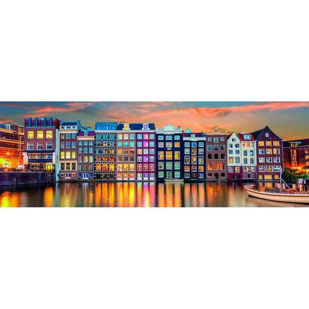 Puzzle panoramique Amsterdam 1000 pièces CLEMENTONI avec vue lumineuse sur les canaux et bâtiments typiques de la ville.