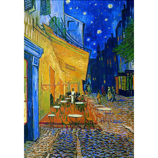 Puzzle Clementoni 1000 pièces représentant le tableau Café Terrasse la Nuit de Van Gogh avec ses couleurs vives et détails précis