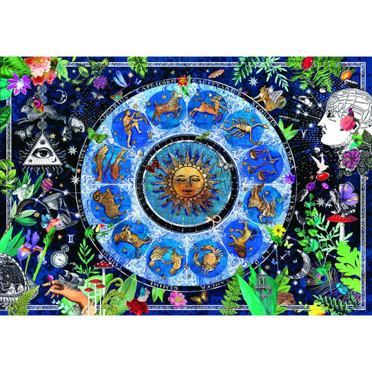 Puzzle CLEMENTONI 1000 pièces représentant une carte astrologique détaillée avec constellations et symboles célestes.
